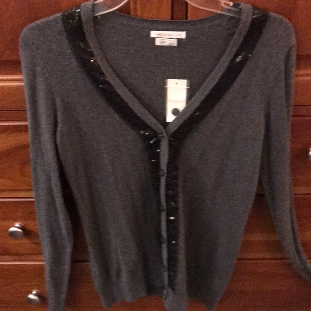 NWT button up grey sweater with black sequins